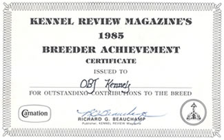 ONE OF MANY PRESTIGIOUS AWARDS TO O'BJ KENNELS