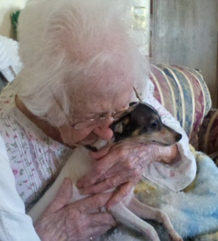 Xtra Sweet O'BJ, Owner: Lucy Marcum, Breeder: BJ Andrews "Sweetie" is pictured with Jan's 101 year old mother Polly Corder